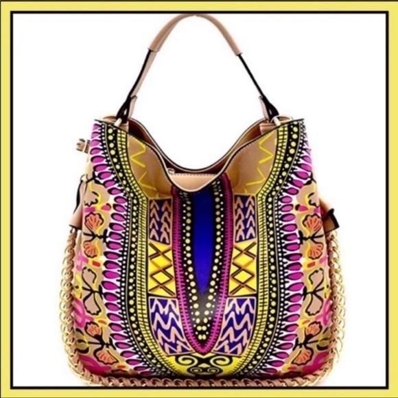 Handbags - Bohemian satchel tan tribal print shoulder strap with chain zip top